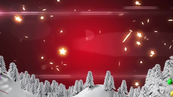 Animation Decorated Christmas Trees Snow Covered Mountains Stars Red Background — Stock Video