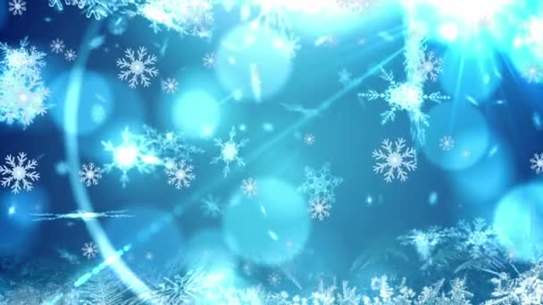 Animasi Kepingan Salju Dan Lensa Menyala Atas Latar Belakang Biru — Stok Video