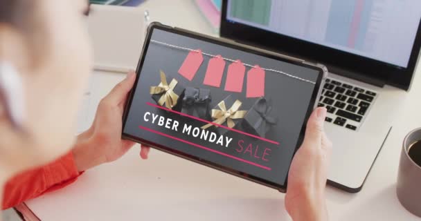 Caucasian Woman Using Tablet Online Shopping Cyber Monday Sale Day — Stock Video