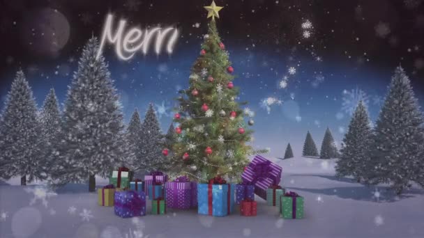 在圣诞节快乐的文字上对圣诞树和冬季风景上的礼物进行的雪的动画 圣诞庆典和庆祝活动的概念 — 图库视频影像