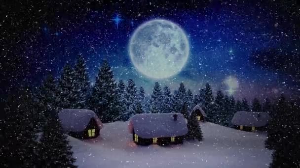 Animacja Santa Sań Śniegu Spada Nocy Krajobraz Zimowy Boże Narodzenie — Wideo stockowe