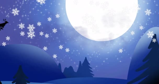 Анимация Снежинки Санта Клаус Верхом Северных Оленях Сани Над Горами — стоковое видео