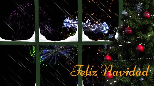 Анимация Текста Фелиза Навидада Рождественской Елки Видом Взрывающегося Окна Фейерверка — стоковое видео