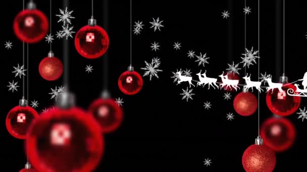 Animatie Van Sneeuwvlokken Kerstman Slee Getrokken Door Rendieren Rode Bauble — Stockvideo