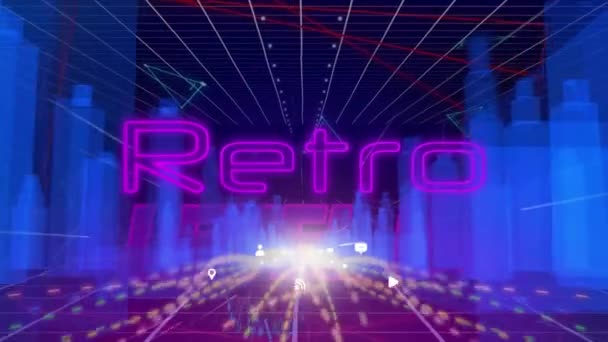 Animering Neon Retro Text Banner Över Ljusspår Och Digitala Ikoner — Stockvideo