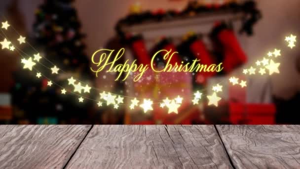 圣诞节快乐的动画文字横幅和挂在圣诞装饰房子上的神灯 圣诞庆典和庆祝活动的概念 — 图库视频影像