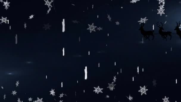 Анімація Сніжинок Над Санта Клаусом Санчатах Витягнутих Оленями Чорному Тлі — стокове відео