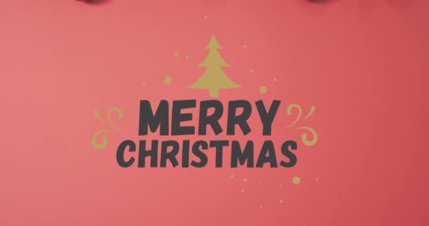 Animace Veselého Vánočního Textu Ikony Stromu Nad Cetkami Listy Červeném — Stock video