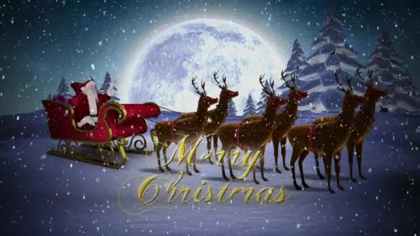 Animación Trineo Santa Feliz Navidad Paisaje Nocturno Invierno Navidad Invierno — Vídeos de Stock