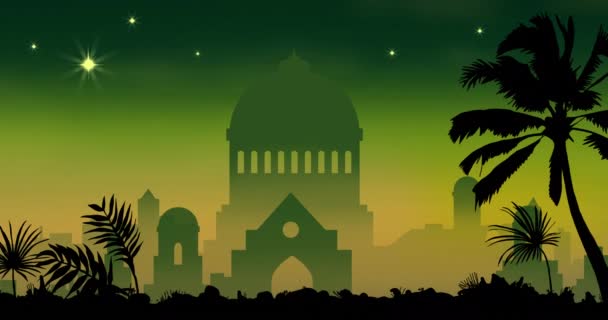 Анимация Города Пальм Зеленом Фоне Рождество Религия Традиции Концепция Праздника — стоковое видео