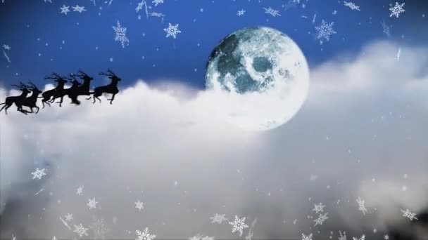 Анимация Снежинок Над Силуэтом Санта Клауса Санях Вытянутых Северными Оленями — стоковое видео