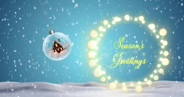 Animation Snow Falling Hanging Snowball Seasons Greetings Text Fairylights Banner — Stock Video