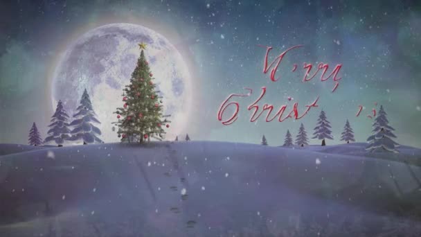 在冬日的风景中 在欢乐的圣诞文字上 飘扬着雪的动画 映衬着圣诞树 圣诞庆典和庆祝活动的概念 — 图库视频影像