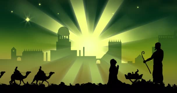 Анимация Силуэта Рождественской Сцены Над Городом Зеленой Падающей Звездой Зеленом — стоковое видео
