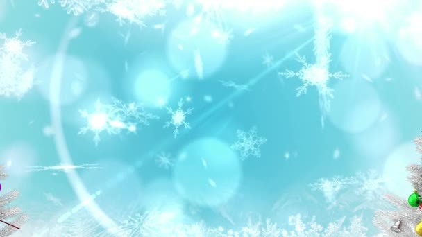 Animazione Alberi Natale Decorati Fiocchi Neve Con Riflessi Lente Sfondo — Video Stock