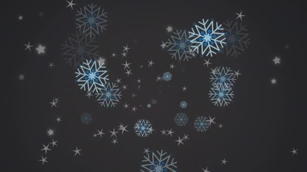 Animace Zářících Hvězd Sněhových Vloček Plovoucích Šedém Pozadí Kopírovacím Prostorem — Stock video