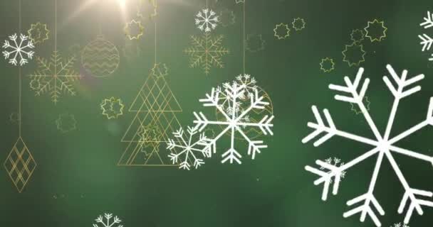 Animacja Płatków Śniegu Spadające Wiszące Dekoracje Światło Miejscu Zielonym Tle — Wideo stockowe