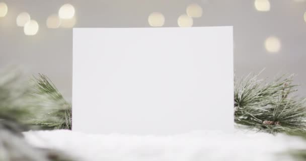 Vídeo Decorações Natal Cartão Branco Com Espaço Cópia Fundo Neve — Vídeo de Stock