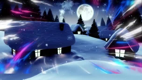 Анимация Северного Сияния Домов Ночном Зимнем Пейзаже Рождество Зима Традиции — стоковое видео