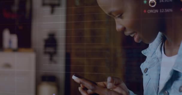 Animacja Wielu Wykresów Tablic Handlowych African Amerykańskiej Kobiety Pomocą Smartfona — Wideo stockowe