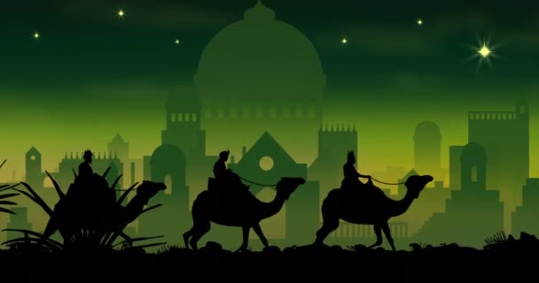 Animación Silueta Tres Sabios Sobre Ciudad Sobre Fondo Verde Navidad — Vídeos de Stock