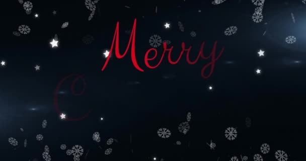 Animación Copos Nieve Estrellas Brillantes Sobre Alegre Banner Texto Navideño — Vídeo de stock