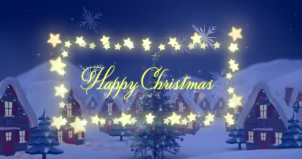 冬の風景に対する妖精の旗の上の幸せなクリスマスのテキスト上の雪片のアニメーション クリスマスのお祭りとお祝いのコンセプト — ストック動画