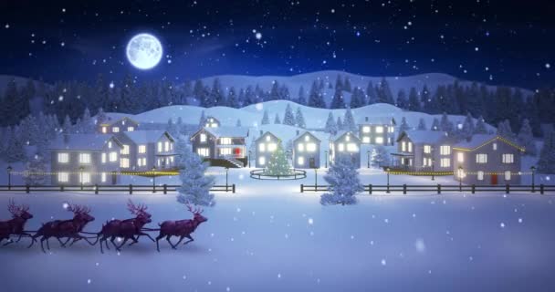 Animacja Śniegu Padającego Nad Mikołajem Saniach Choinkowych Domach Koncepcja Świąt — Wideo stockowe
