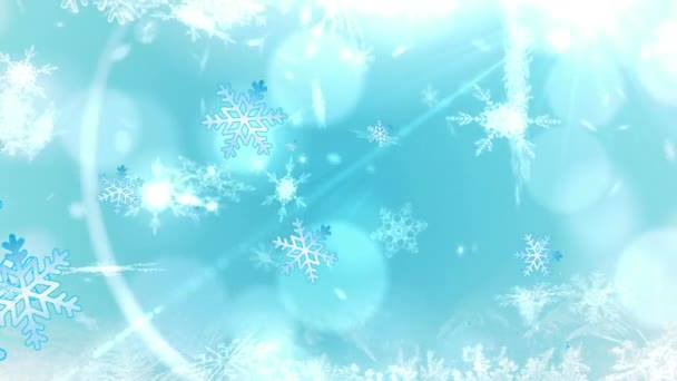 파란색 배경에 눈송이와 플레어의 애니메이션 디지털 방식으로 생성하는 홀로그램 일러스트레이션 — 비디오