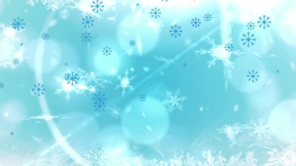 파란색 배경에 눈송이와 플레어의 애니메이션 디지털 방식으로 생성하는 홀로그램 일러스트레이션 — 비디오