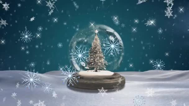 Анимация Рождественской Елки Снежном Шаре Над Падающим Снегом Рождество Праздник — стоковое видео