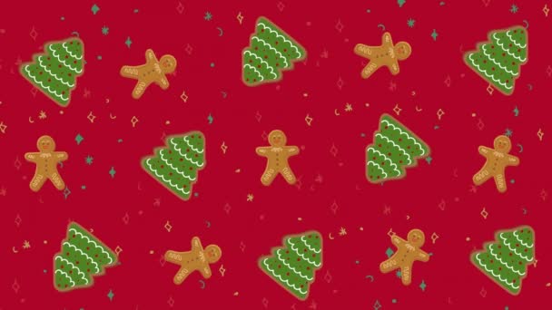 赤い背景に対するジンジャーブレッドとクリスマスツリーアイコンのアニメーション クリスマスのお祭りとお祝いのコンセプト — ストック動画