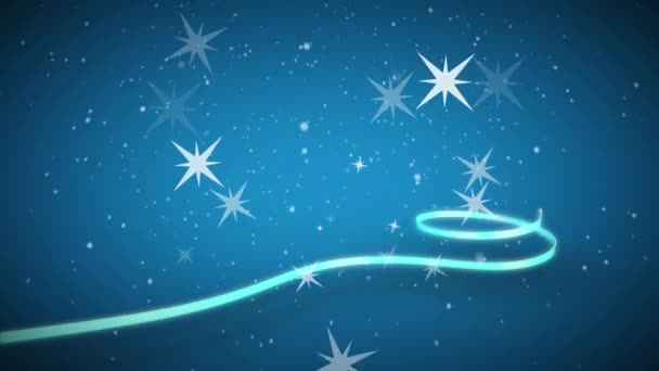 Animacja Gwiazd Pływających Śnieg Spadający Wstążkę Tworząc Choinkę Niebieskim Tle — Wideo stockowe
