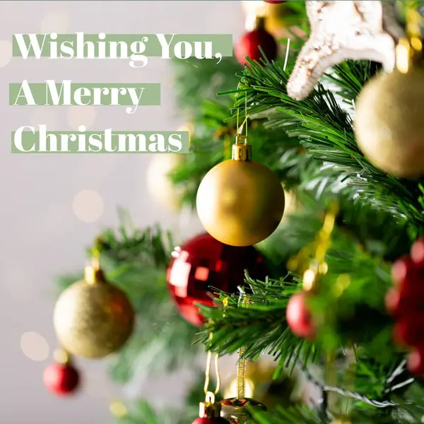 祝你圣诞快乐 并在圣诞树上放上圣诞饰物 圣诞节 寒假和庆祝概念 — 图库照片