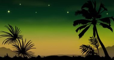 Yeşil arka planda palmiye ağaçları ve yıldızların animasyonu. Noel, din, gelenek ve dijital olarak üretilen video konsepti.