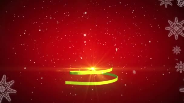 Анимация Светлого Пятна Ленте Образующего Рождественскую Елку Снежинках Красном Фоне — стоковое видео