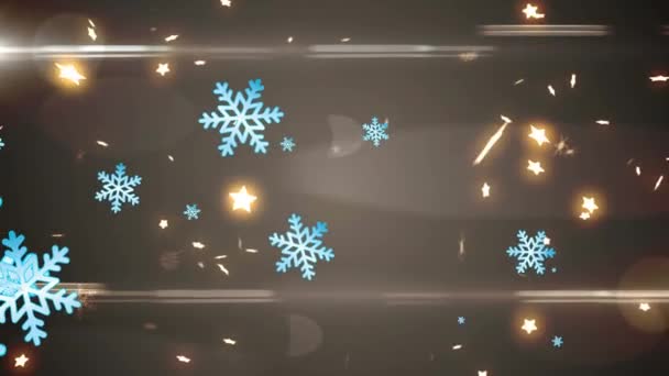 Animáció Hópelyhek Megvilágított Csillagok Lencse Fáklyák Felett Fekete Háttér Digitálisan — Stock videók