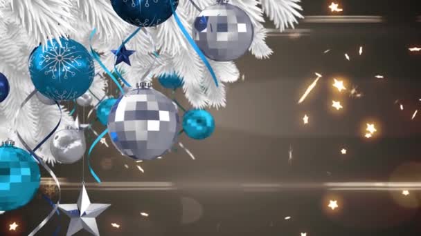 Animasi Pohon Natal Berdekorasi Dan Bintang Beriluminasi Atas Latar Belakang — Stok Video
