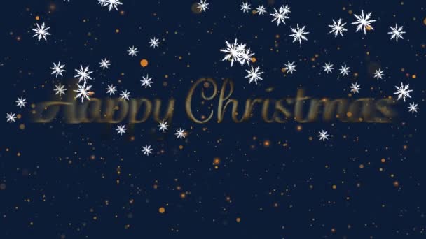 雪花飘落在快乐的圣诞文字横幅和蓝色背景上的黄点上的动画 圣诞庆典和庆祝活动的概念 — 图库视频影像