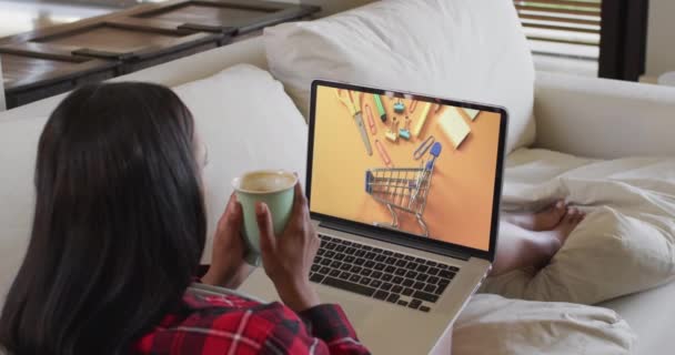 Двухсторонняя Женщина Использует Ноутбук Диване Дома Онлайн Покупки Канцелярских Принадлежностей — стоковое видео