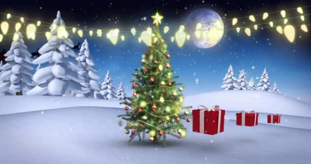 Animation Von Hängenden Lichtern Über Dem Weihnachtsbaum Und Hüpfenden Geschenkboxen — Stockvideo