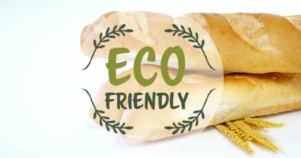 新鮮なパンと小麦の耳の閉鎖に対するエコフレンドリーなテキストバナーのアニメーション ビーガン オーガニックで健康的な食品コンセプト — ストック動画
