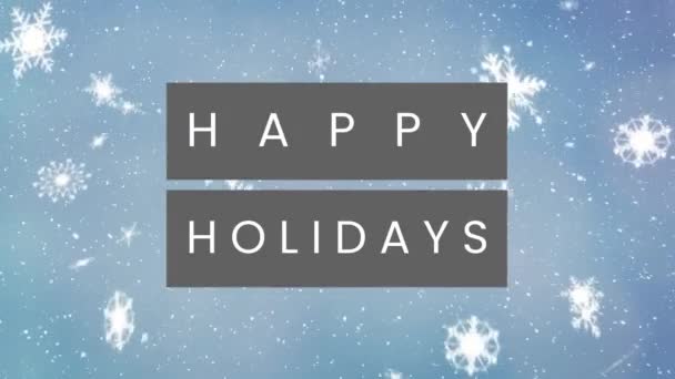青い背景に落ちる雪片の上の幸せな休日のテキストバナーのアニメーション クリスマスのお祭りとホリデーシーズンのコンセプト — ストック動画