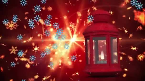 Animace Vánoční Lucerny Nad Sněhem Padající Zimní Scenérii Vánoce Slavnost — Stock video