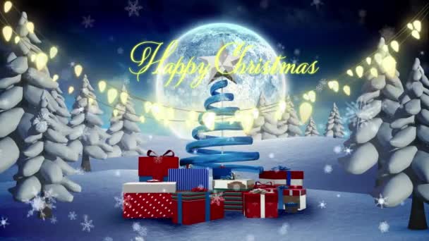 幸せな休日のアニメーション クリスマスライト 夜の冬の風景にプレゼントします クリスマス お祝いのコンセプトデジタル生成ビデオ — ストック動画