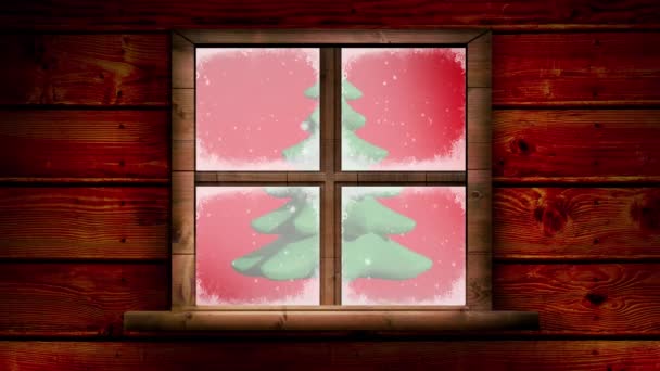Animace Otevření Okna Proti Sněhu Padající Přes Rotující Vánoční Stromek — Stock video