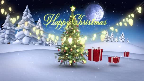 Mutlu Noeller Işıklar Ağaç Kış Manzarasında Hediyelerin Animasyonu Noel Kış — Stok video