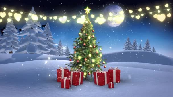 Animazione Luci Natalizie Albero Regali Nel Paesaggio Invernale Notturno Natale — Video Stock