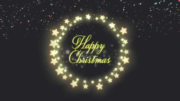 Animatie Van Vrolijke Kersttekst Met Sterrenfeeën Zwarte Achtergrond Kerst Festiviteit — Stockvideo