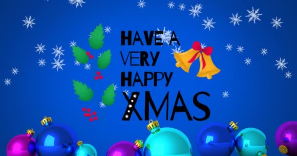 Mutlu Noel Mesajlarının Üzerine Düşen Kar Tanelerinin Animasyonu Mavi Arka — Stok video